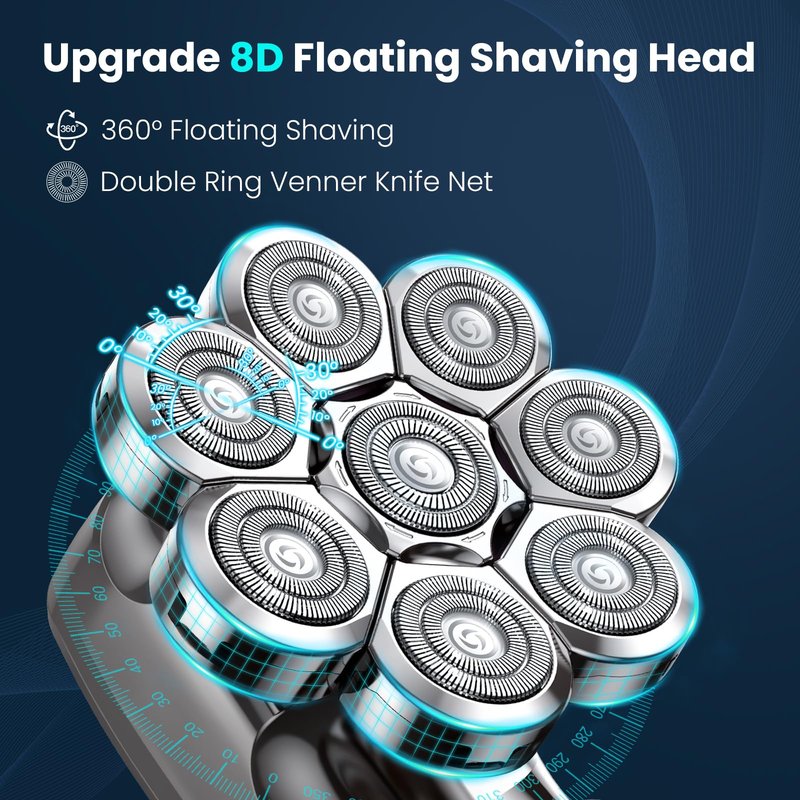 Phisco 8D Electric Head Shaver for Bald Men, Upgraded Cordless Rechargeable Razor, Wet/Dry Use with LED Display