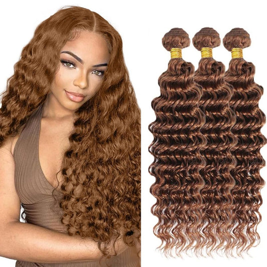 Light Brown Human Hair Bundles 24 26 28 Inch Color #30 Deep Wave Bundle Brazilian Virgin Hair 3 Bundles Light Brown Deep Wave Bundle 300g