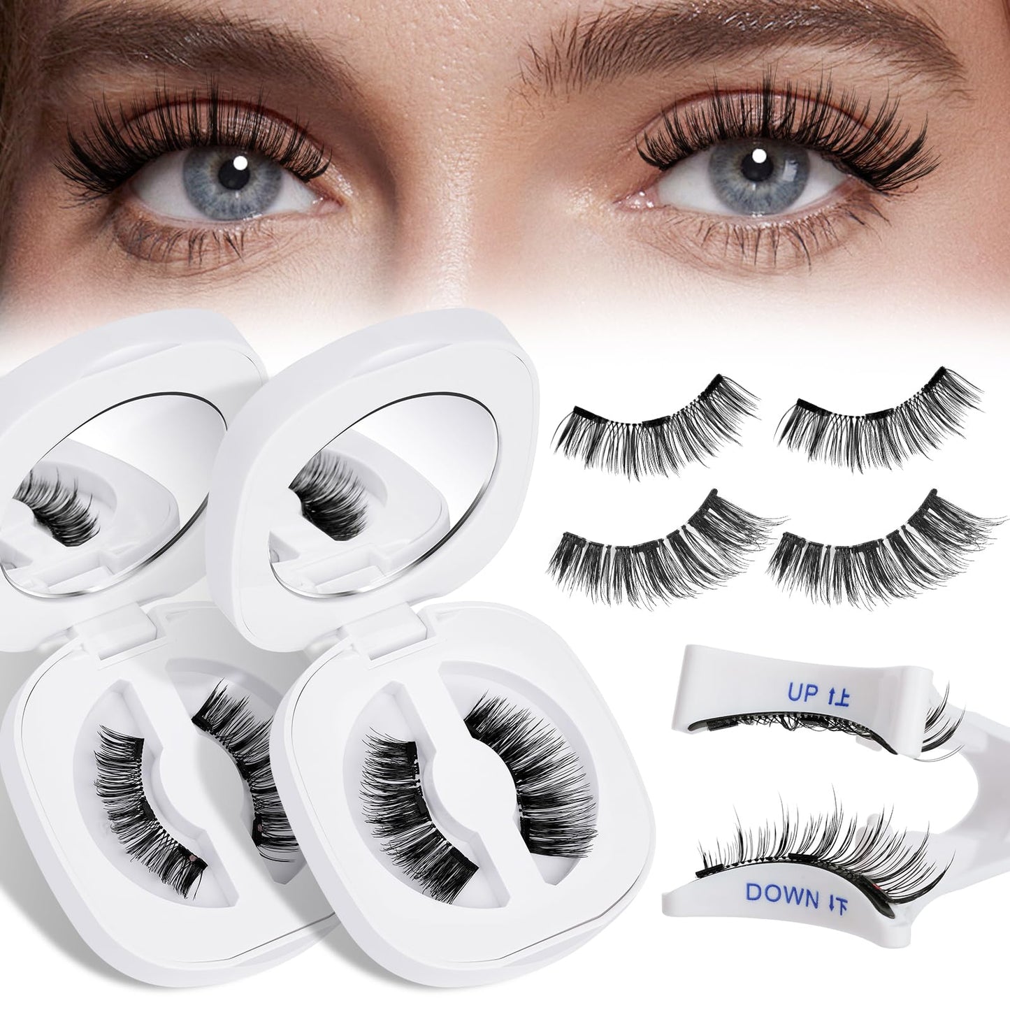 QUEWEL 2 Pairs Natural Look Reusable Magnetic Eyelashes, Reusable No Glue Needed Magnetic Eyelashes Kit with Applicator Lashes Kit without Eyeliner Easy to Wear and Remove (G-YC-C+F02)