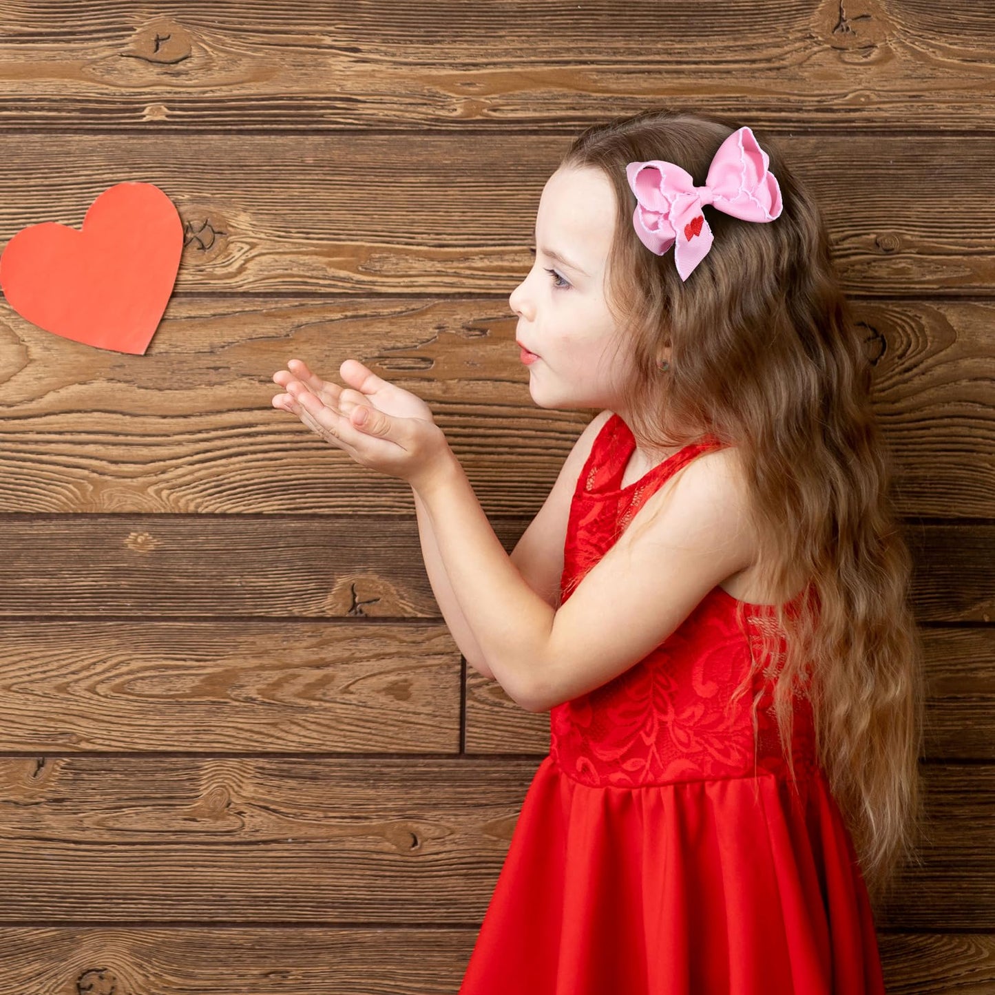 Valentine Pink Hair Bows 2pc 4in Red Love Heart Embroidered Ribbon Bowknot Alligator Clip Gift for Teen Girls Women Birthday Wedding Dance Party Dress Decor Accessory