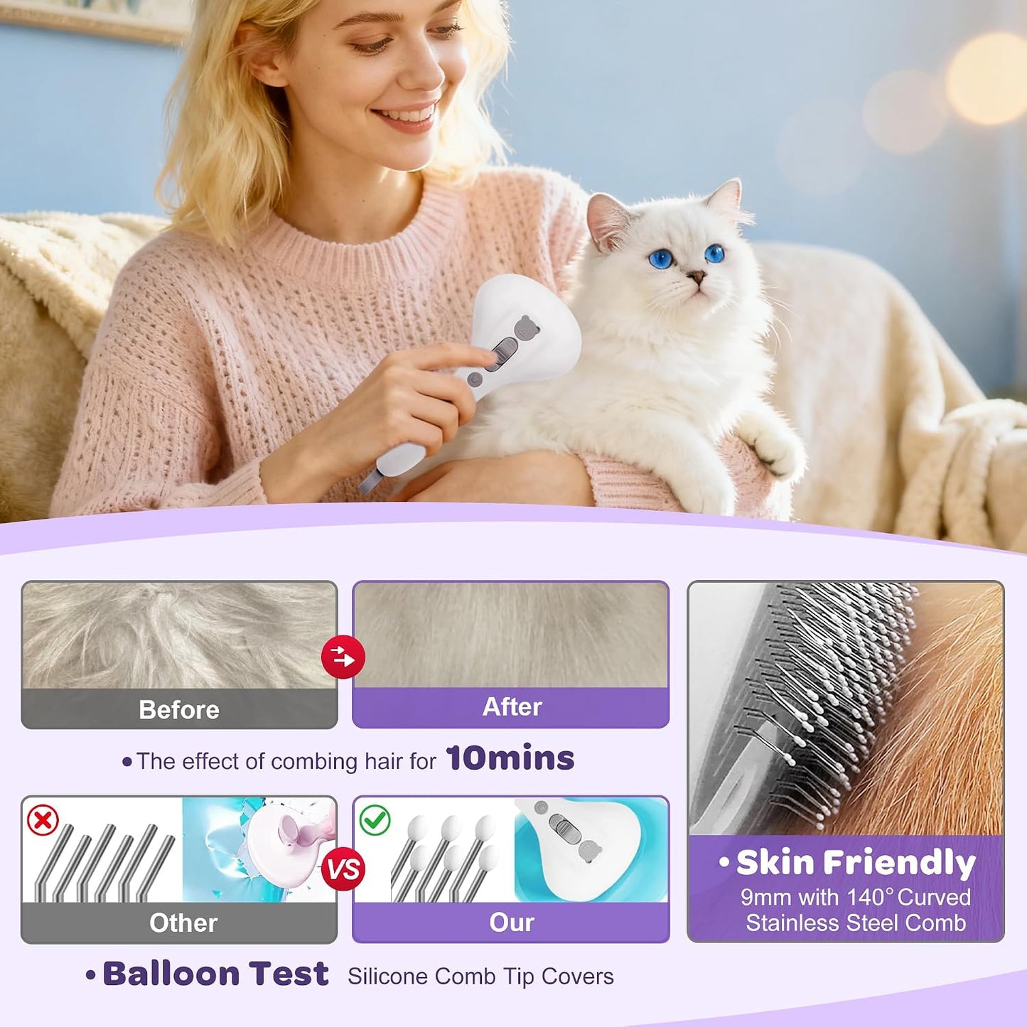 Pet Grooming Spray Brush - Self-Cleaning Cat Hair Removal Tool | Ergonomic Grip for Short & Long Haired Pets