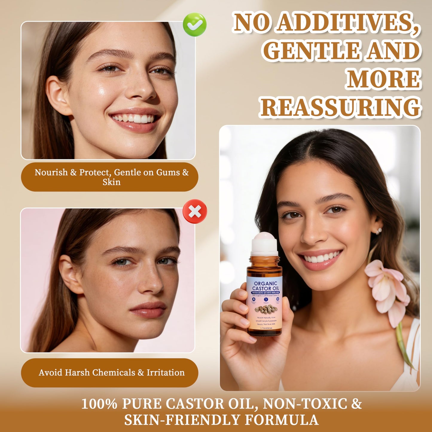 WXZTC 2 Pack x 1.7 floz, Organic Castor Oil Rose Quartz Roller Ball, 100% Pure Cold-Pressed, Deep Moisturizing for Skin, Hair, Eyelashes & Eyebrows