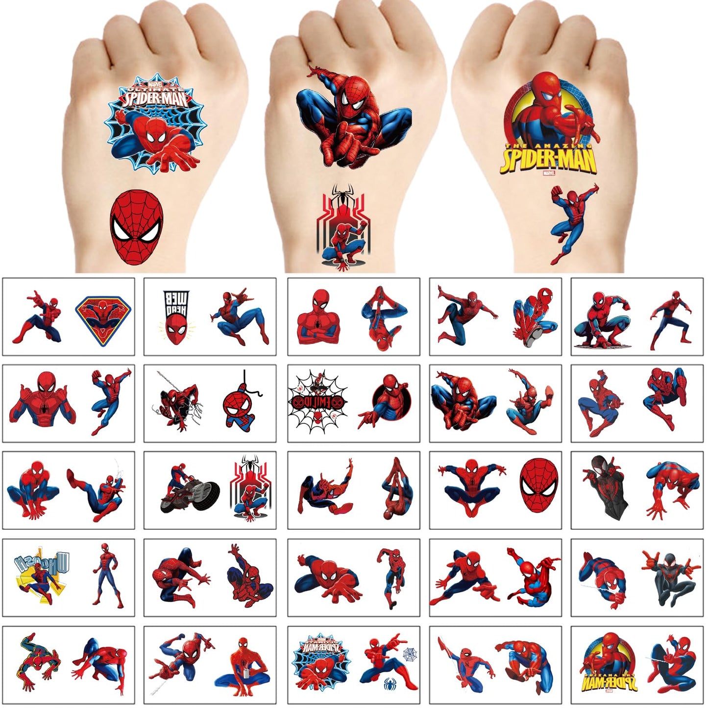 100Sheets 5 * 5 Spider-Man Temporary Tattoos Birthday Themed Party Supplies Decoration Favors Cartoon Spider-Man Sticker for Kids Boys Home Activity Class Prizes Carnival Christmas Rewards
