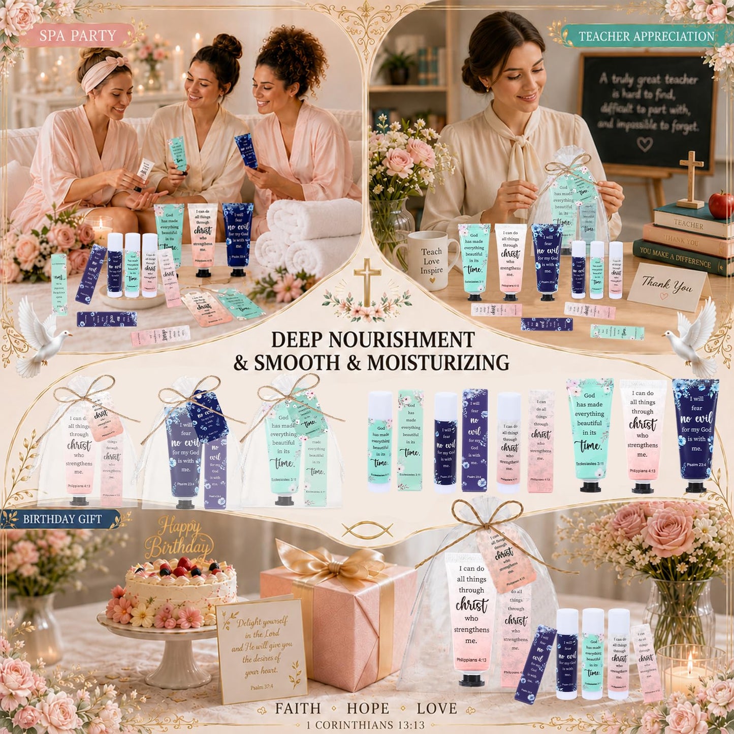96Pcs 24 Sets Christian Hand Cream and Lip Balm Gift Set Moisturizing Gift Sets With Organza Bag Christian VBS Gifts Bible Verse Bulk Gifts for Teacher Wedding Baby Shower Church Prayers for Women
