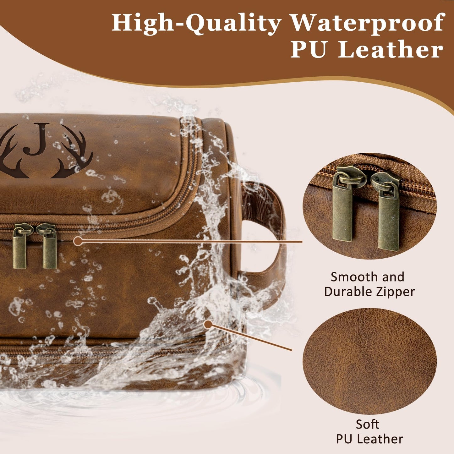 Aganmi Personalized Toiletry Bag Fathers Day Birthday Gifts for Men Dad Husband, Custom Initial PU Leather Waterproof Toiletry Organizer Dopp Kit Shaving Bag Travel Essential for Men (Light Brown J)