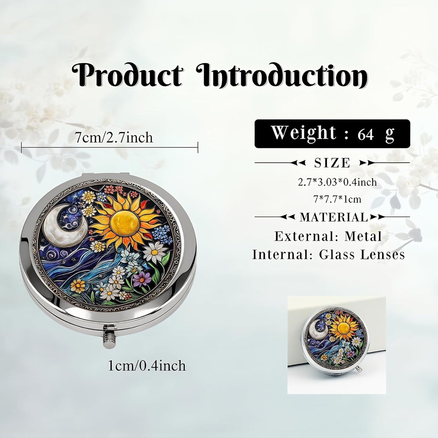 Silver Compact Mirror - Double-Sided Folding Makeup Mirror with Sun Moon Floral Design | 2.8"x2.8" - Perfect Gift for Women