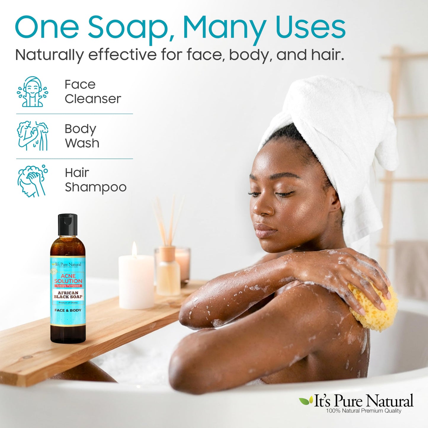 It's Pure Natural African Black Soap, Liquid Form, Traditional Handmade Raw Soap with Shea Butter and Coconut Oil, Face and Body Cleanser, (8oz, Acne Solution)