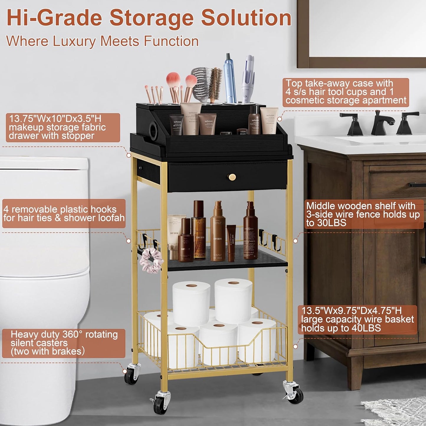 Large Makeup Organizer Cart - Rolling Vanity Storage with Hair Tool Holder | Gold & Black, 2-in-1 Design