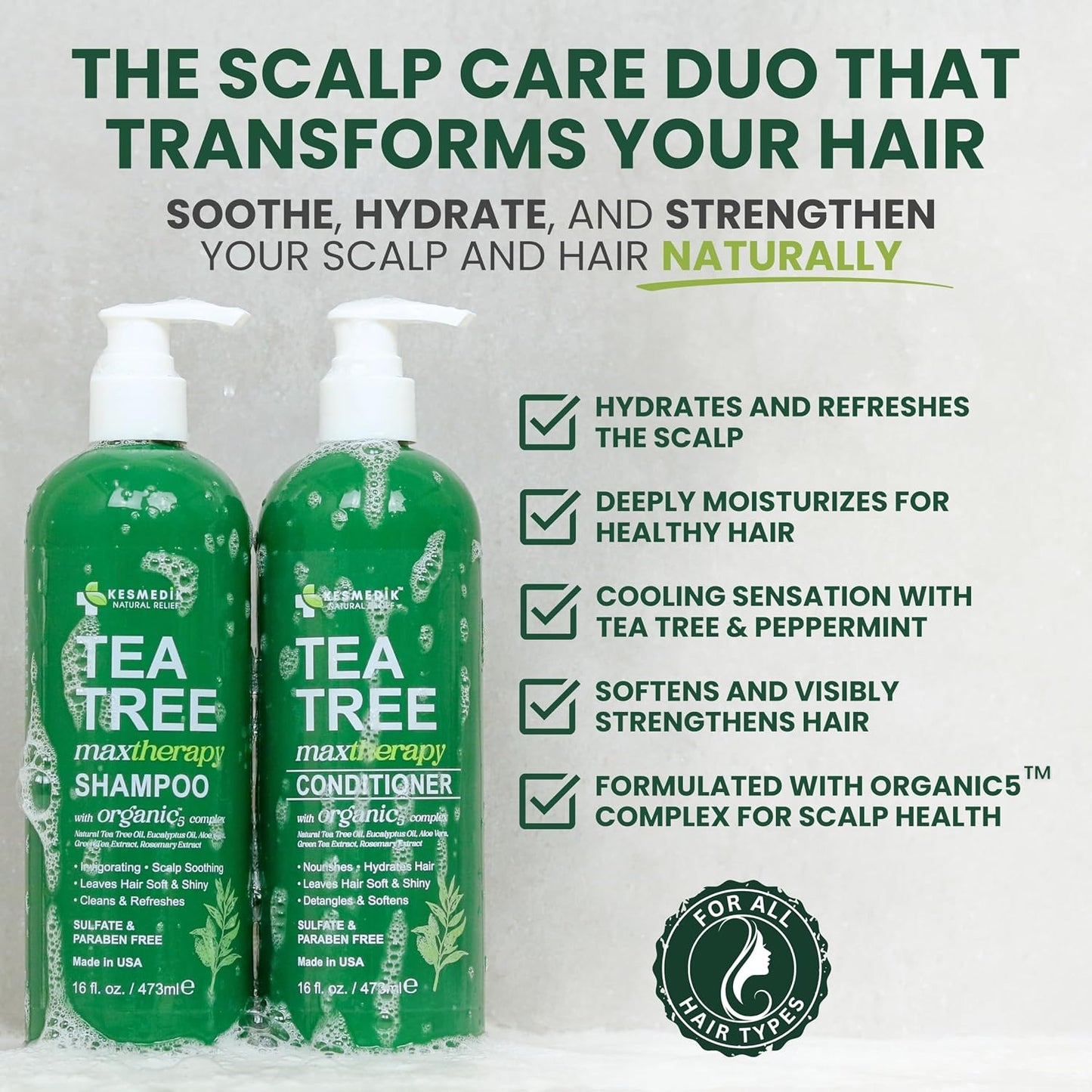 Tea Tree Oil Shampoo & Conditioner Set - Itchy Scalp Relief, Clarifying for Oily Hair | 16 fl oz Each