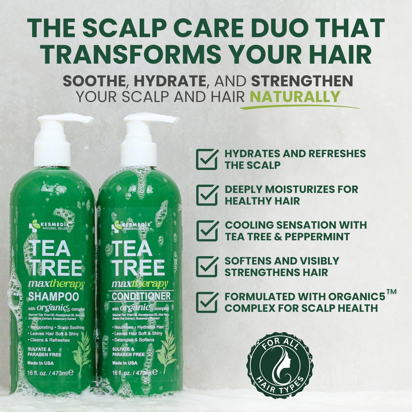 KESMEDIK Tea Tree Oil Shampoo and Conditioner MaxTherapy Set, Itchy Scalp Relief, Refreshes & Cleanses Dandruff & Buildup, Clarifying for Oily Hair, Women & Men, 16 fl oz Each