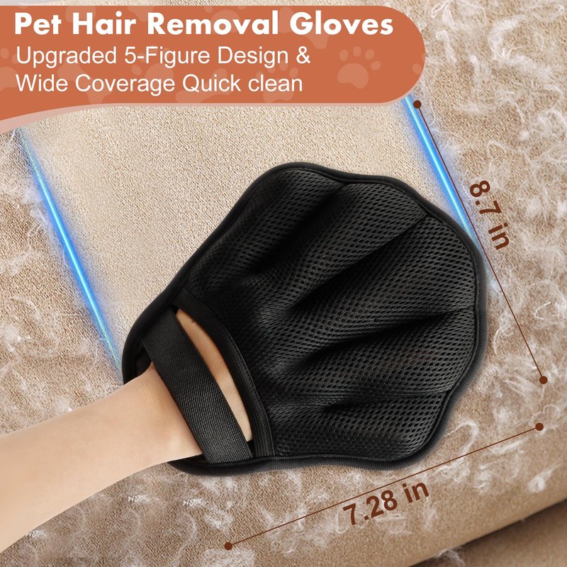 Palirs Pet Hair Removal Glove, Electrostatic Pet Hair Remover Glove for Cats & Dogs, Pet Hair Remover Tool for Laundry, Couch, Carpet, Car Seat - Upgraded Five-Finger, Reusable, Black+Black