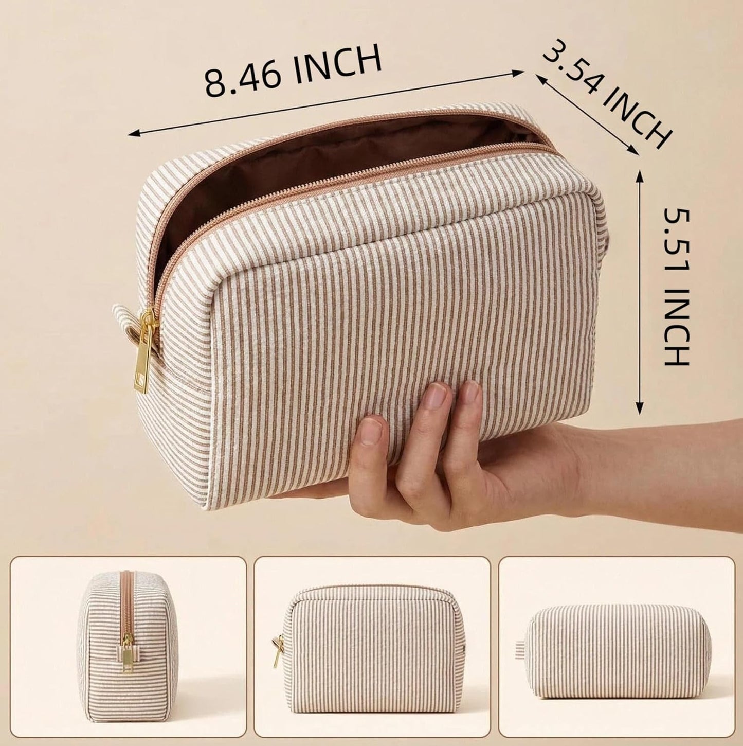 Makeup Bags Set of 6 - Large Seersucker Cosmetic Pouches for Bridesmaid Proposals | Khaki Toiletry Organizers