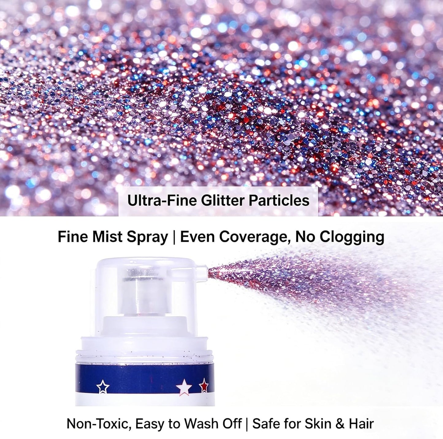 Patriotic Body Glitter Spray - Red, White & Blue Shimmer for 4th of July | Face, Hair & Nail Art Accessory