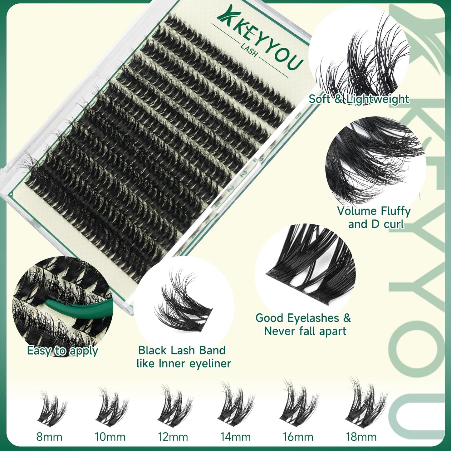 KEYYOU LASH Flaunt Lash Cluster DIY 3D Eyelash Extensions 144pcs D Curl 8-18MIX Lashes Extension Eyelash Clusters Long Classic Individual Lashes Fluffy and Soft Wispy Volume Lashes (F01,3D)