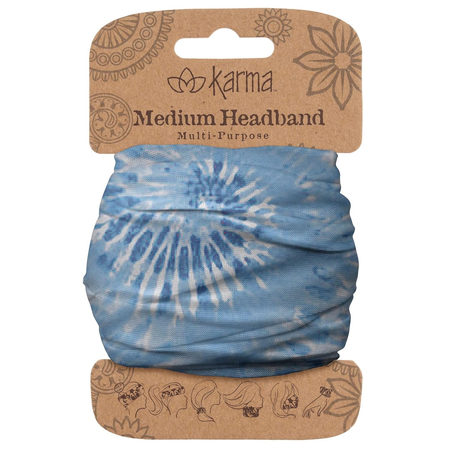 Floral Headband for Women | Stretchy Fabric Hair Scarf - Light Tan & Blue - Medium Size
