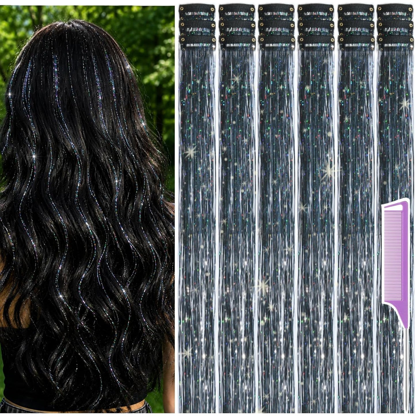 Hair Tinsel Clips - 18 Pcs 22 Inch Glitter Hair Extensions for Women & Girls | Coffee Gold