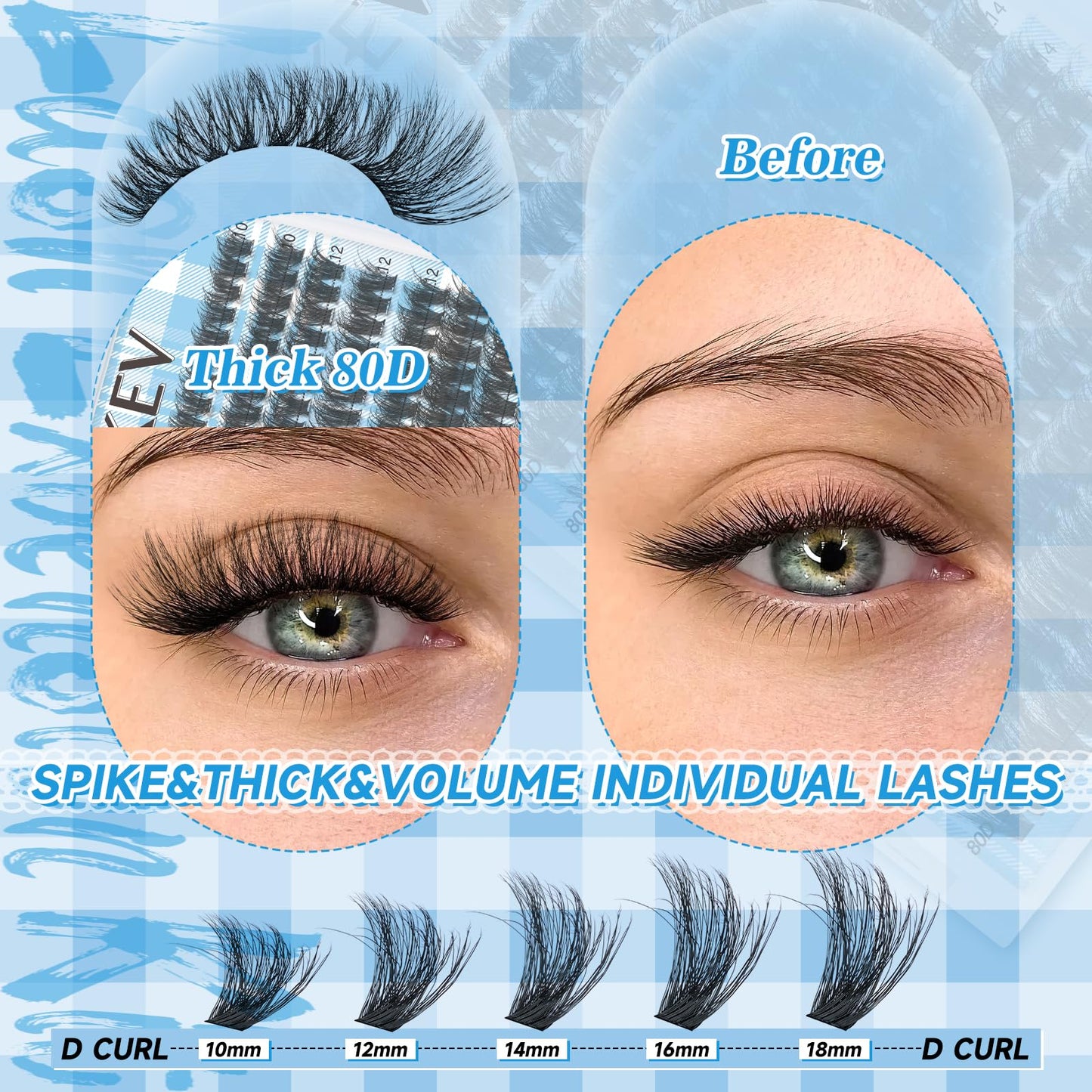 Lash Clusters 3D Volume Eyelash Clusters 10-18mm Thick Individual Lashes 280pcs D Curly Cluster Eyelash Extensions Soft DIY Lash Extension At Home(0.05D,80D)