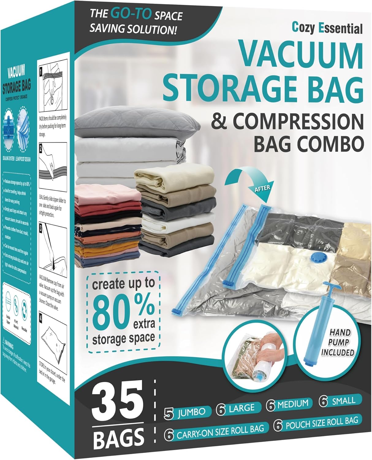 Vacuum Storage Bags - 80% Compression Space Saver for Clothes, Bedding & Blankets | 20-Pack Combo