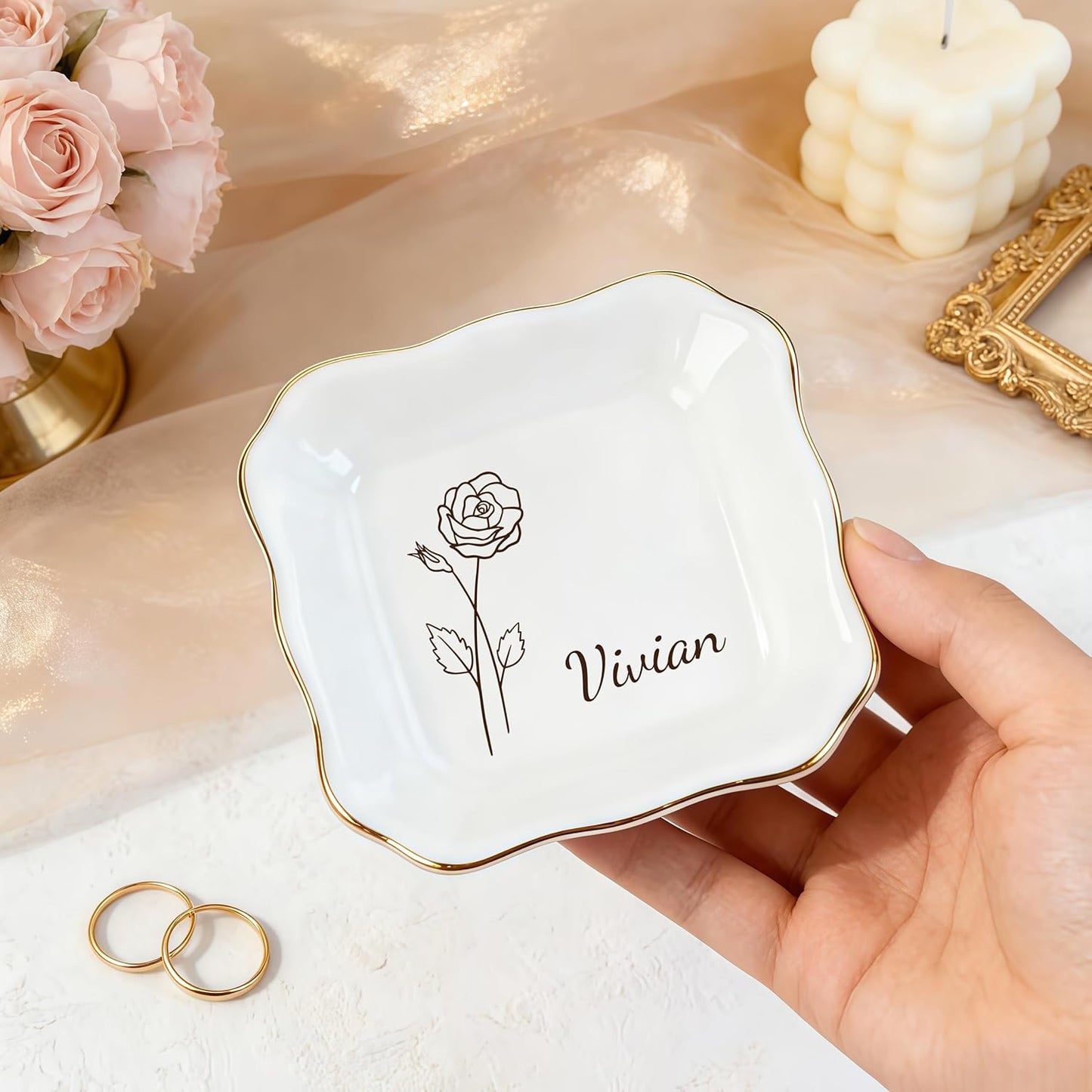 Custom Ceramic Ring Dish - Personalized Jewelry Tray for Name & Birthday | Ideal Gift for Mothers Day & Bridesmaids