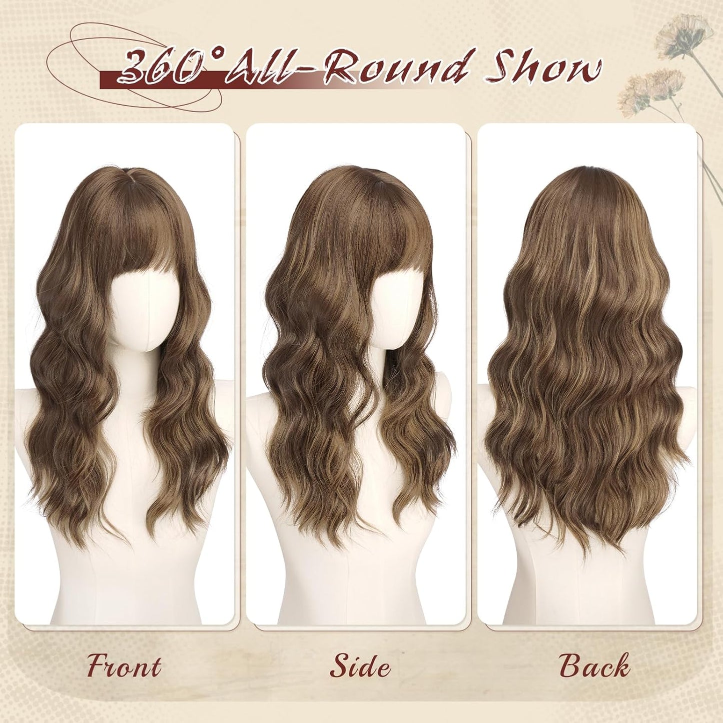 Brown Wigs with Bangs - 20 Inch Soft Wavy Synthetic Heat Resistant Hair Wig for Women | Blonde Mixed Brown