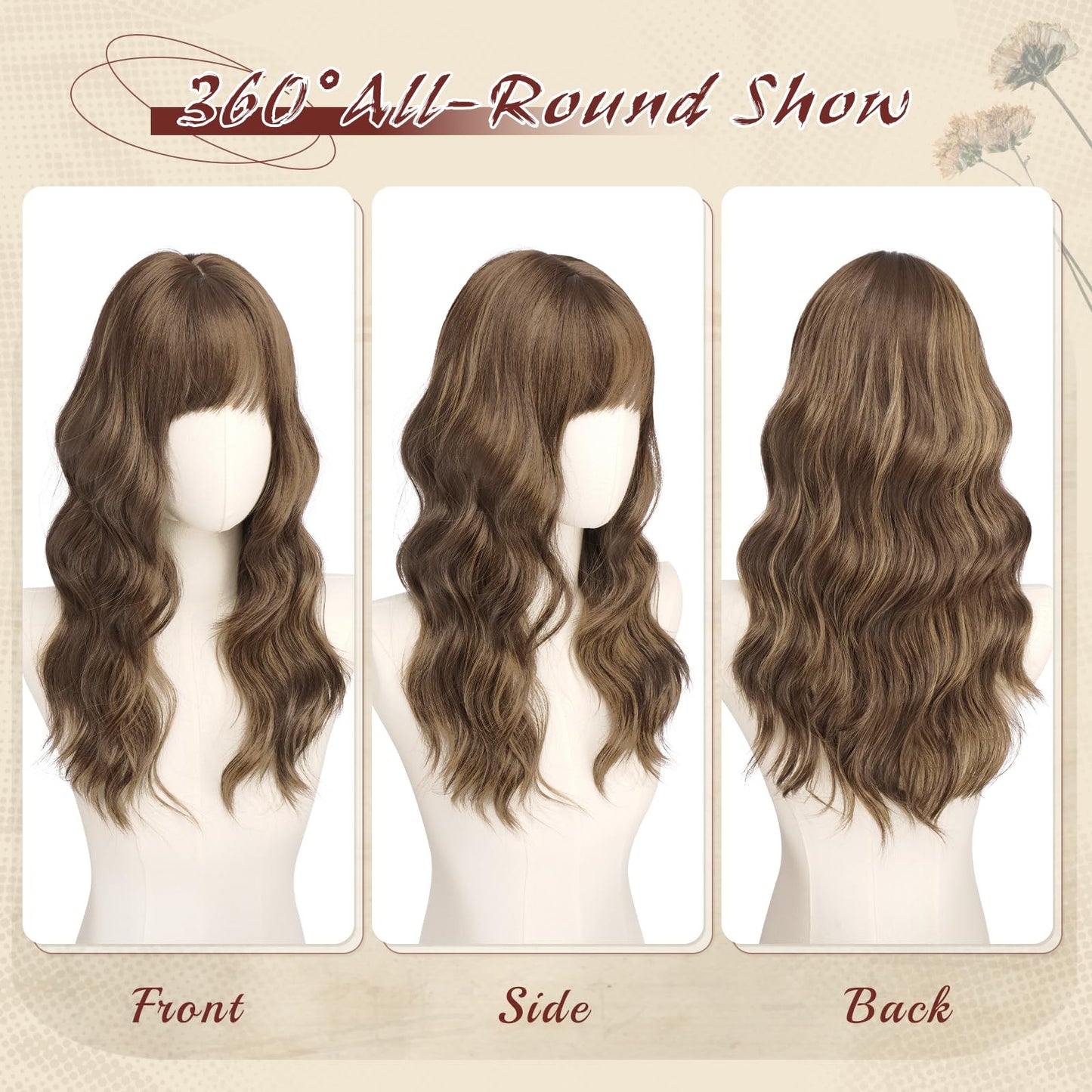 Haloo Brown Wigs with Bangs - 20 Inch Long Soft Wavy Natural Looking Synthetic Heat Resistant Hair Wig for Women Daily Party, Blonde Mixed Brown