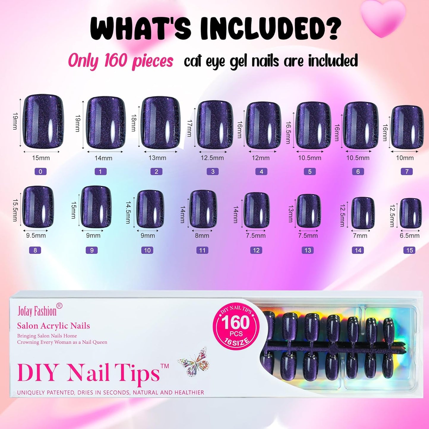 Cat Eye Press On Nails - Short Square Soft Gel Nail Art | 160PCS in 5 Styles & 16 Sizes