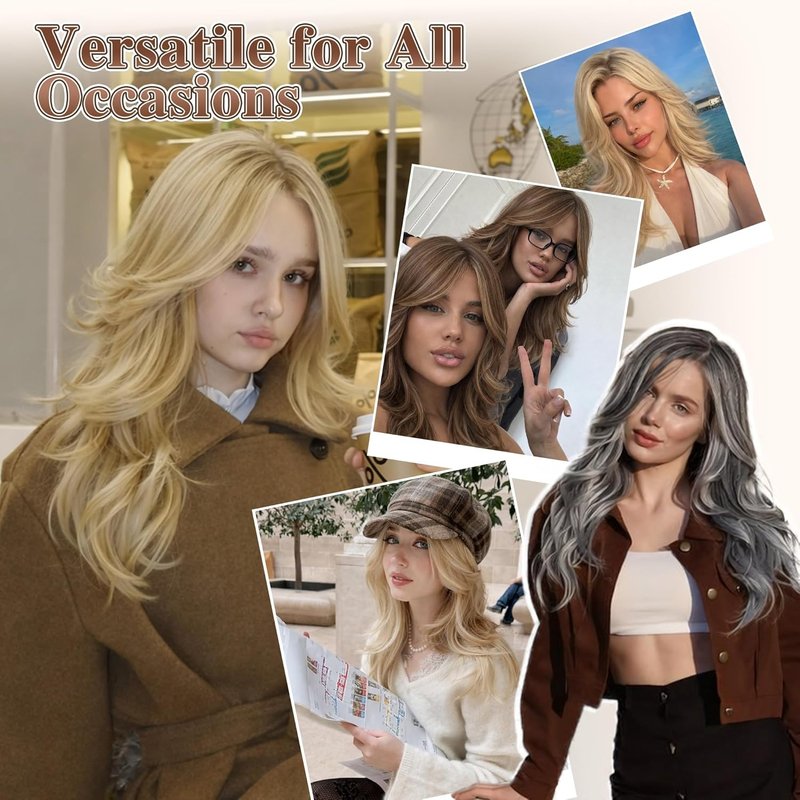 Layered Brown Wig with Highlights - Long Wavy Synthetic Hair, 22 Inch | Natural-Looking Curtain Bangs for Daily Wear