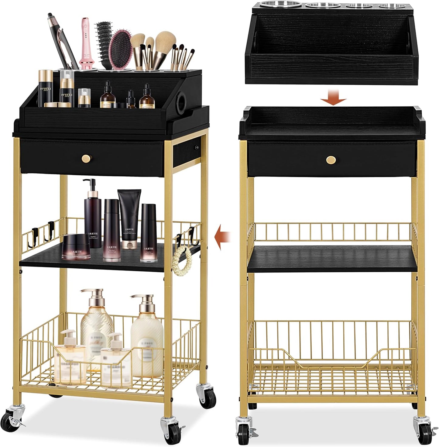 Large Makeup Organizer Cart - Rolling Vanity Storage with Hair Tool Holder | Gold & Black, 2-in-1 Design