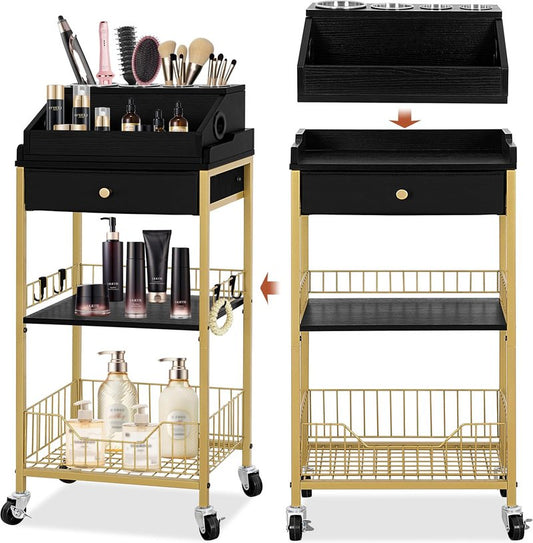 Large Makeup Organizer Cart - Rolling Vanity Storage with Hair Tool Holder | Gold & Black, 2-in-1 Design