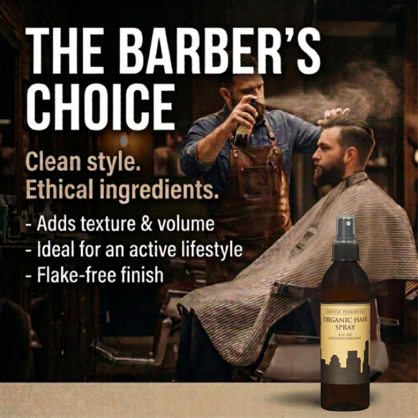 Seattle Pomade Co. Certified Organic Hair Spray made with Organic Aloe and Acacia Fiber. Strengthens & Lightly Holds Hair. Globally sourced certified organic materials.