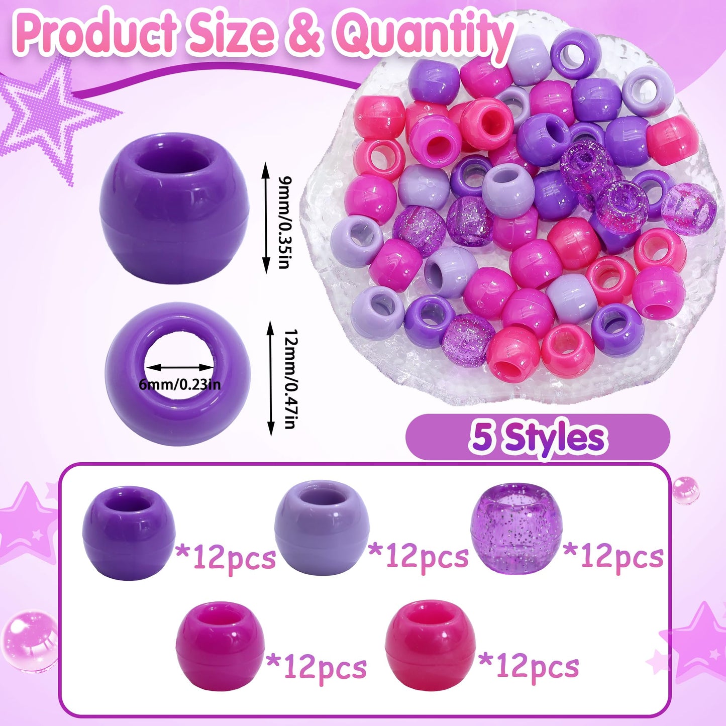 NAISKA 60PCS Purple Beads for Hair Clear Sparkle Braid Bead 5 Colors Gradient Dreadlock Beads Large Hole Bead Braids Accessories for Kids Girls