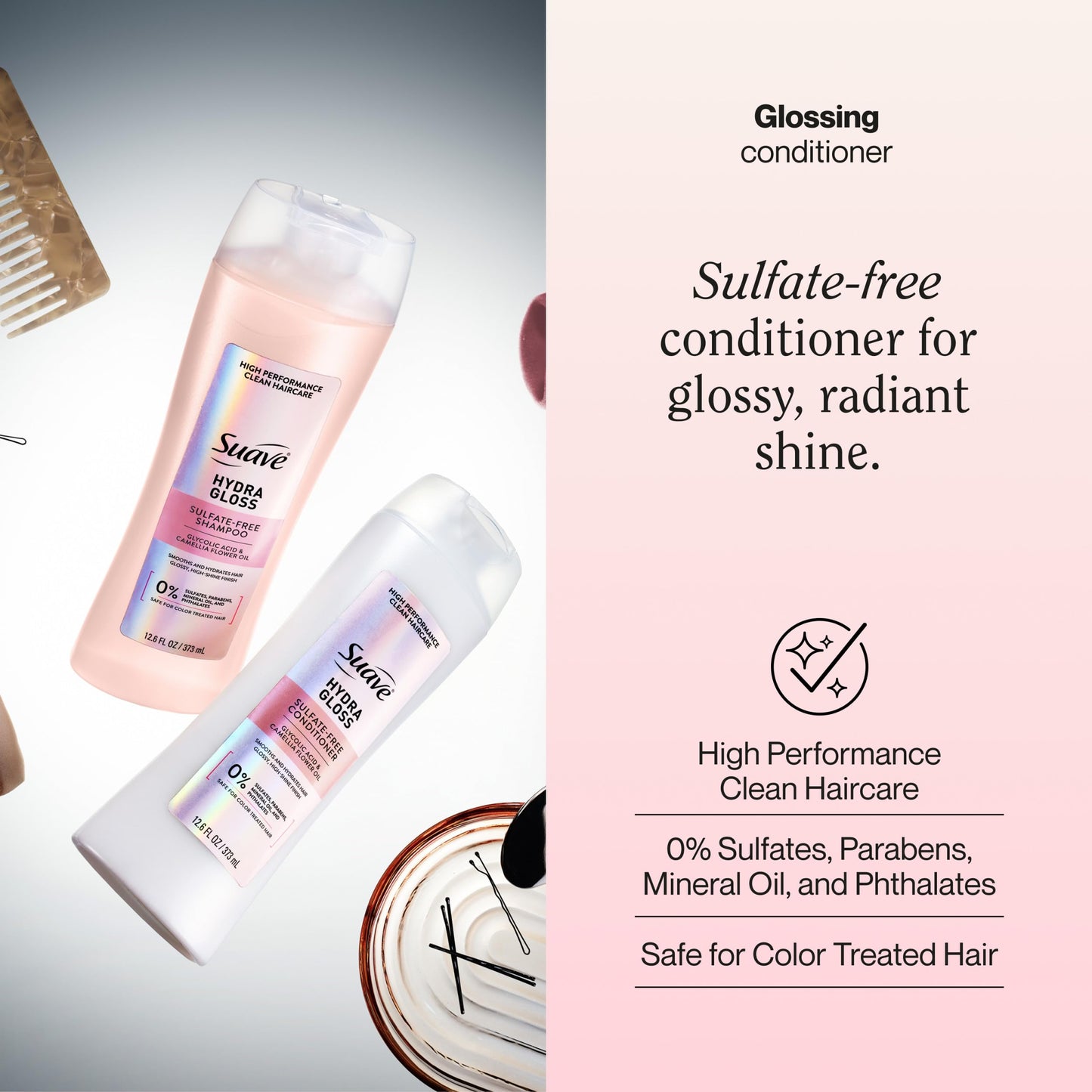 Suave Hydra Gloss Sulfate Free Conditioner with Glycolic Acid & Camellia Flower Oil for Hydrated, Smooth, Glossy Shine, 6 Count, 12.6 FL OZ