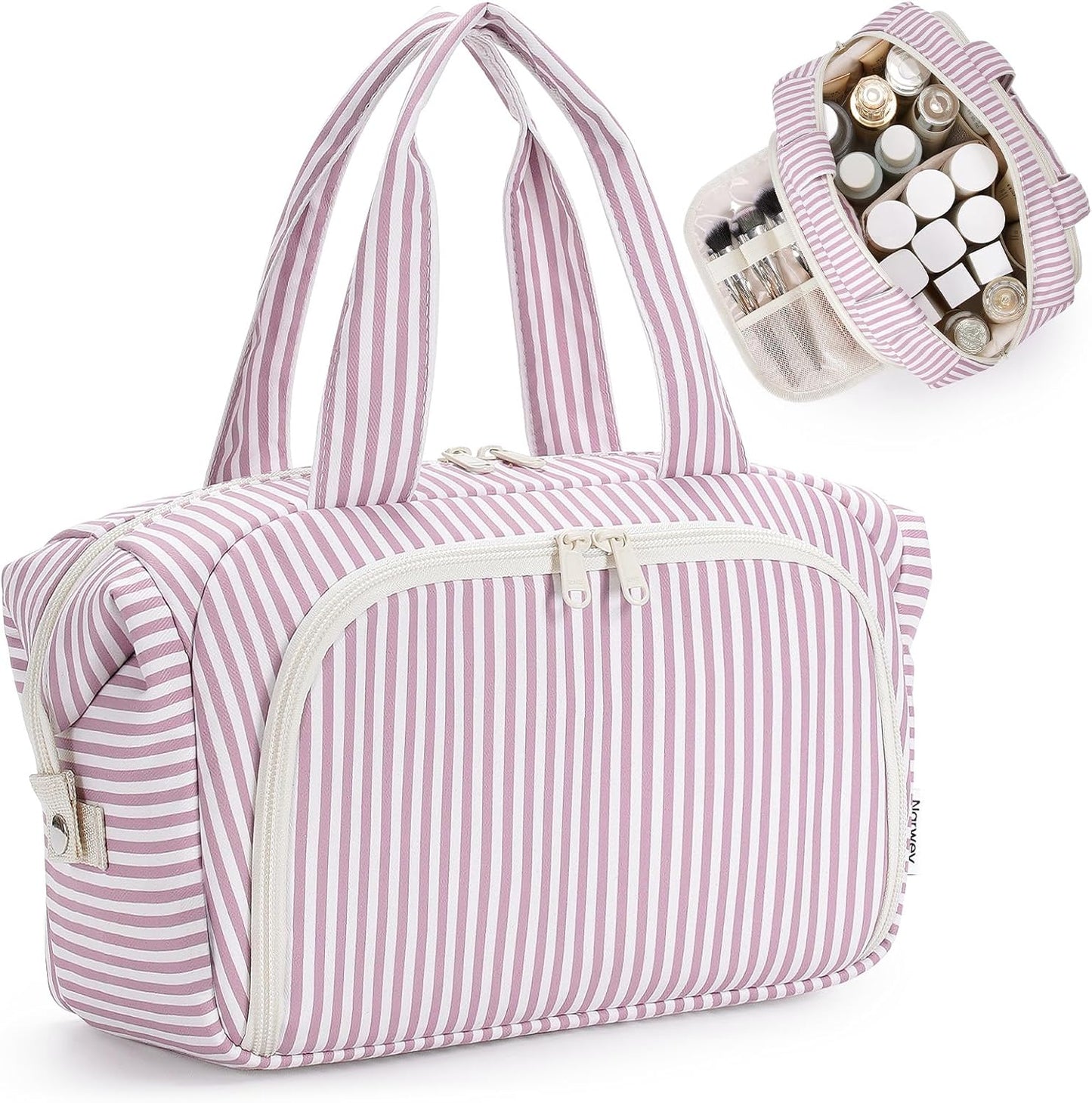Travel Toiletry Bag for Women - Large Makeup Organizer with Handle | Wide Open Design, Wet Pocket - Dusty Pink Checker