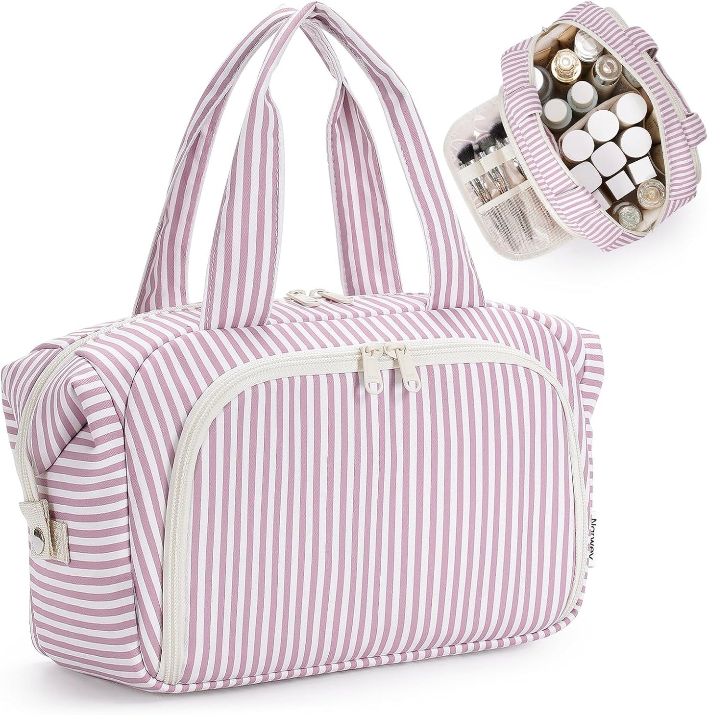 Travel Toiletry Bag for Women - Large Makeup Organizer with Handle | Mint Green Stripe, Wet Pocket for Essentials