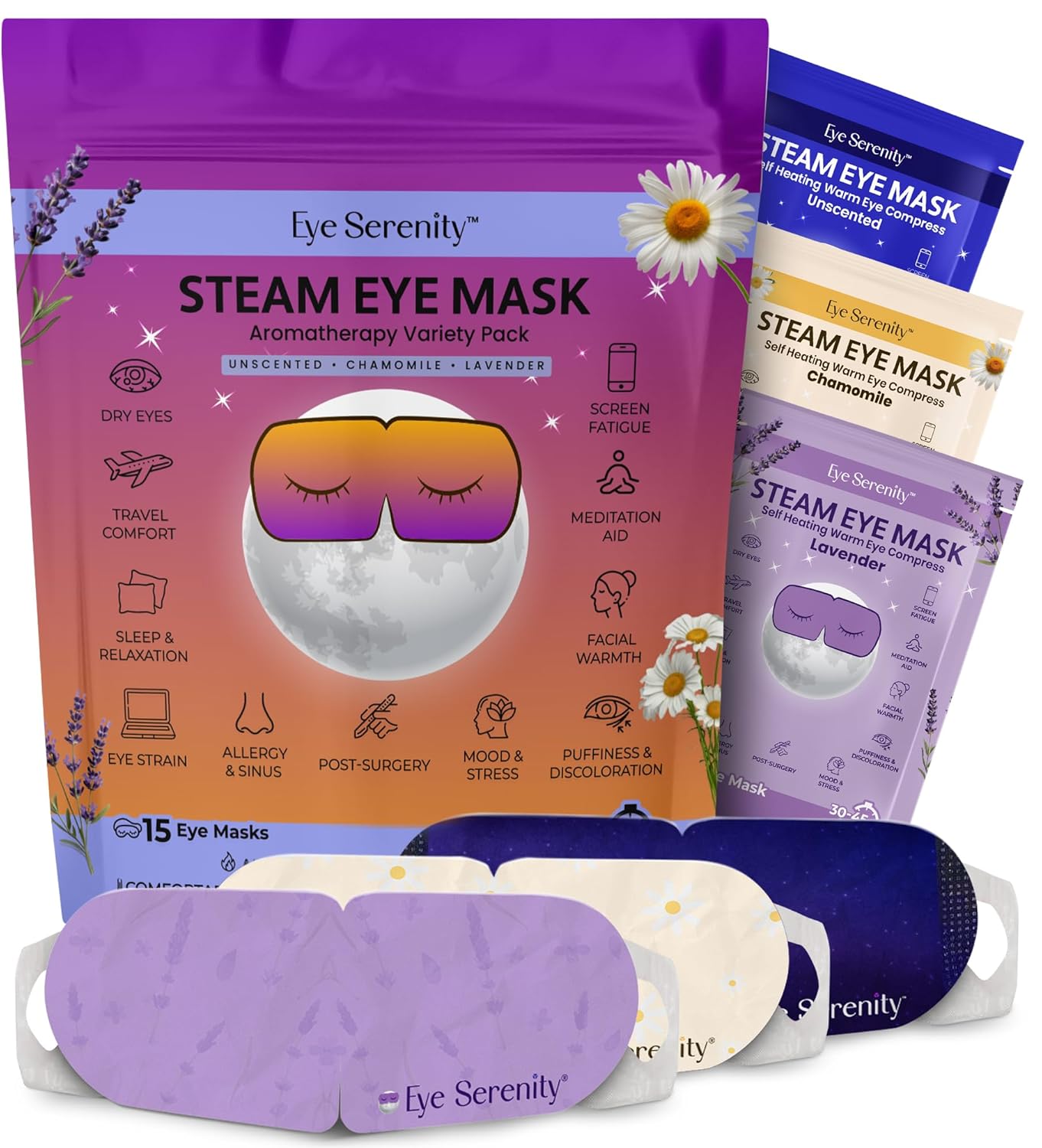 Heated Eye Mask - Eye Serenity Steam Mask for Dry Eyes | Moist Heat Relief for Styes & Puffiness - Lavender