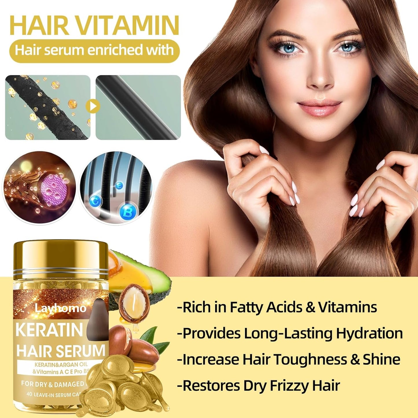 Keratin Hair Treatment Serum - Leave-In Anti-Frizz Conditioner with Argan Oil & Vitamins A, C, E | For All Hair Types