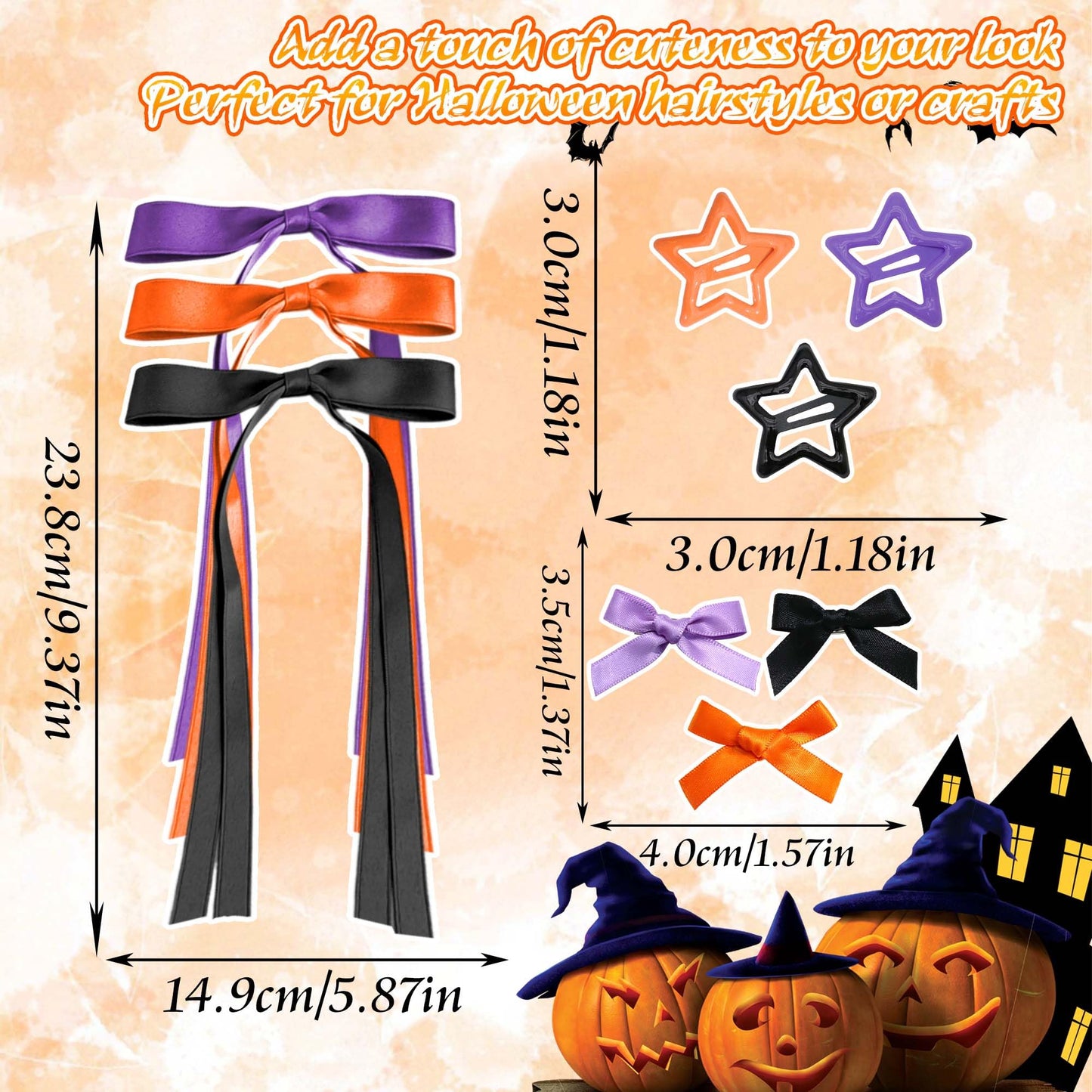 STGDAK 24 Pcs Halloween Hair Bows Ribbon Long Tailed Y2k Star Hair Clips Cute Girls Bows Black Purple Orange Bow Barrettes Mini Star Clip Gothic Halloween Hair Accessories For Girls Women Teens Party