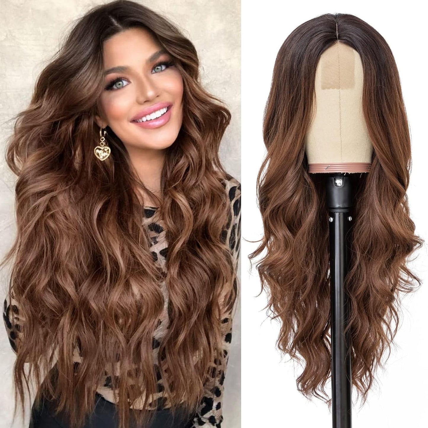NAYOO Brown Wigs for Women - Long Curly Wavy Hair | Heat Resistant Synthetic Fiber, 24 Inches