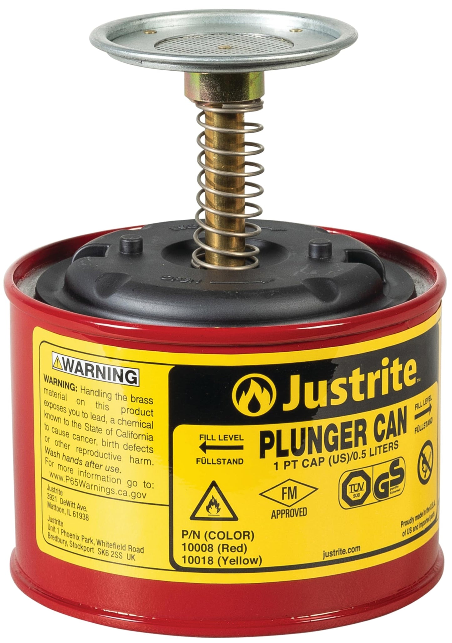 Justrite Plunger Can for Solvents, 1 Pint Capacity, 5.25" x 4.9" Steel Push-Down Solvent Dispenser Can, Made in the USA Industrial Mechanic Tools, Red, 10008