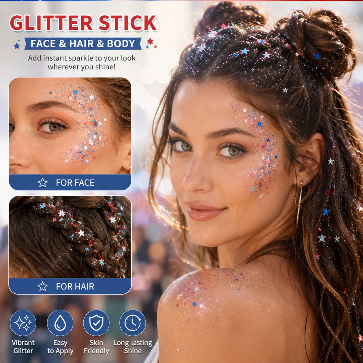 4th of July Body Glitter Stick, Patriotic Hair Face Glitter Stick, Fourth of July Outfits and 250th Anniversary Accessories, USA Flag Accessories for Women, Red White and Blue Waterproof Hair Glitter