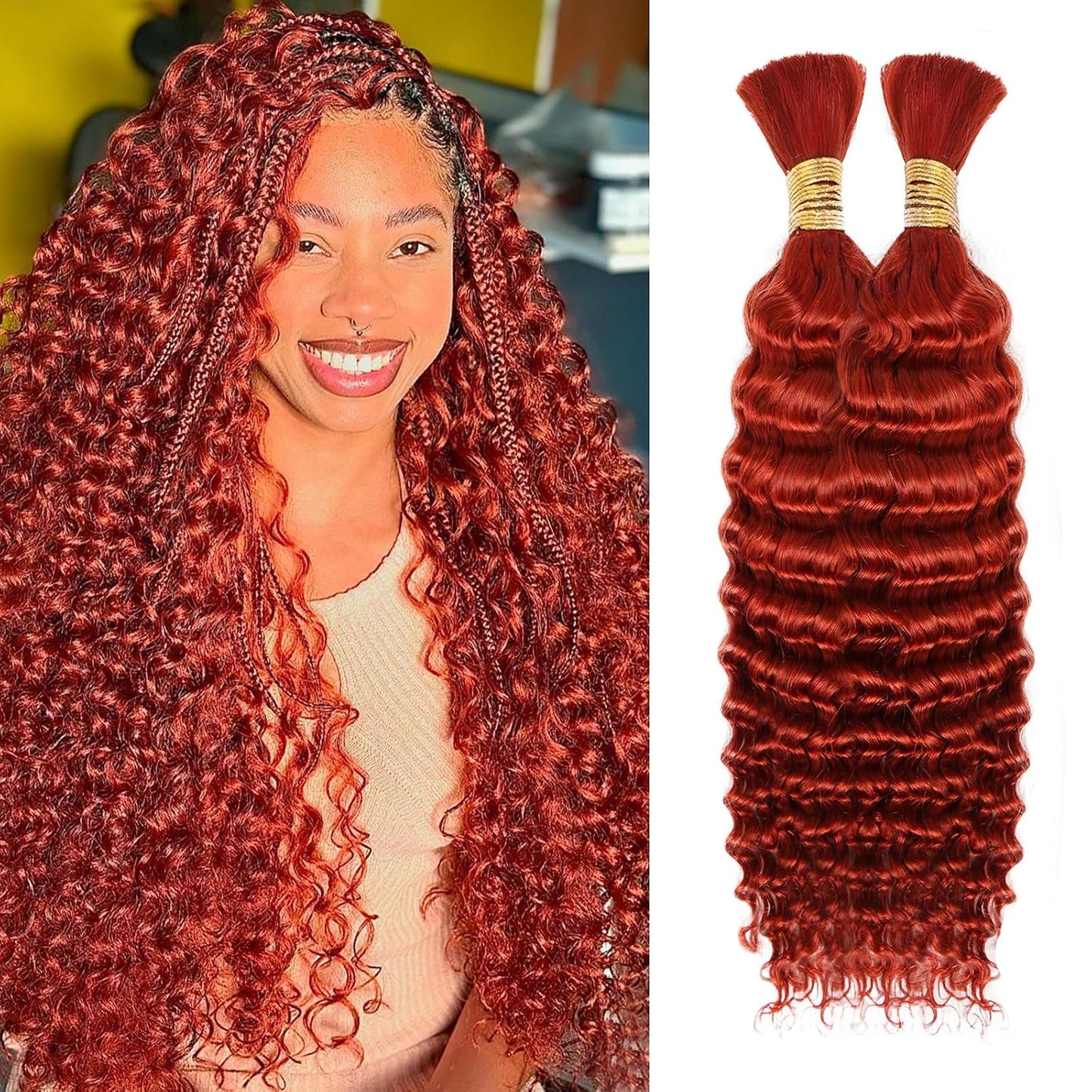 Human Braiding Hair - 14 Inch Ombre Highlight Deep Wave Bulk Extensions | Curly Bundles for Knotless Braids (4/27)