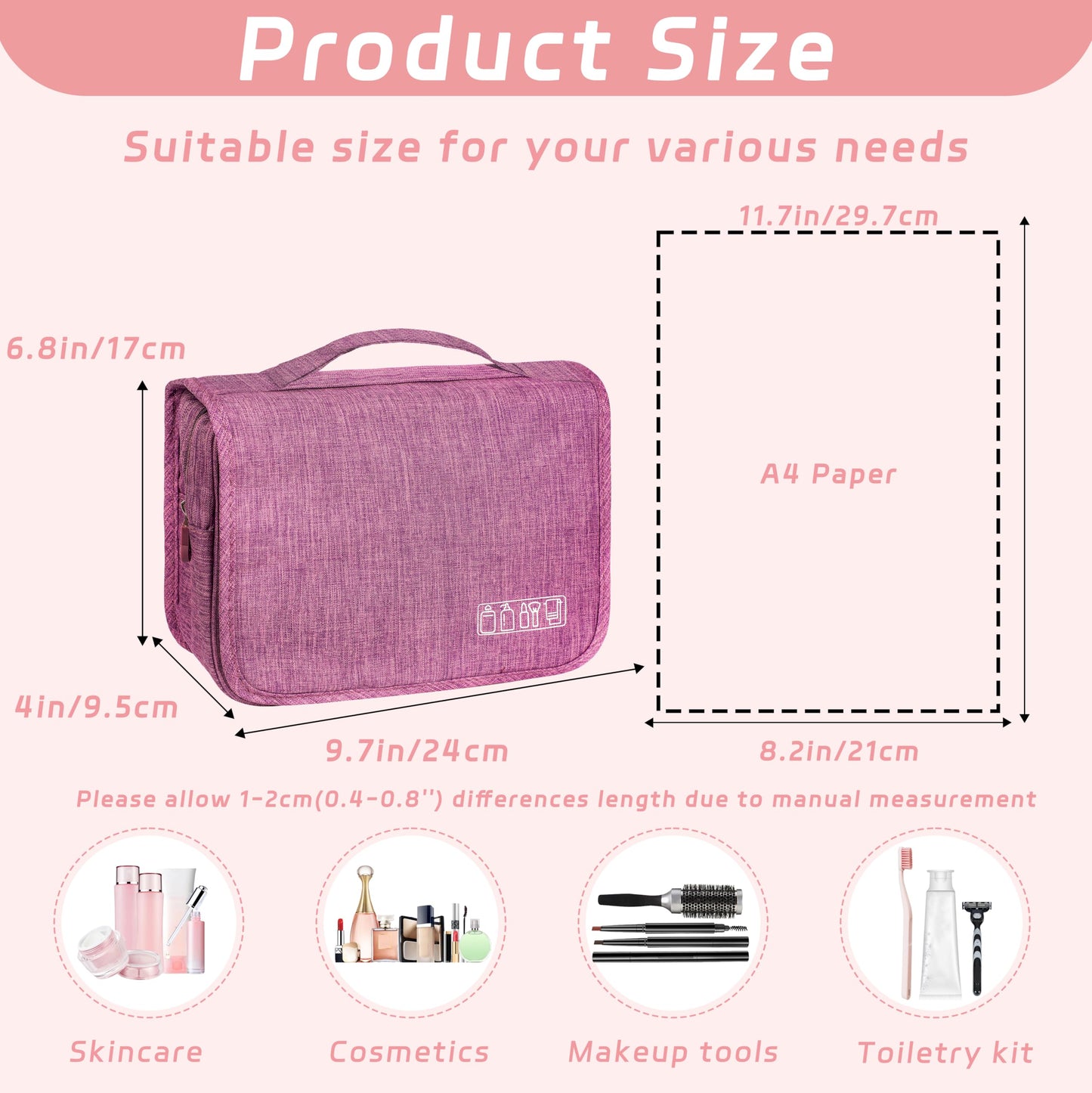 YEMEDA Toiletry Bag Travel Bag with Hanging Hook, Waterproof Capacity Hanging Multifunctional Makeup Bag for Toiletries, Portable Cosmetic Bag Travel Organizer for Women and Men(Purple)