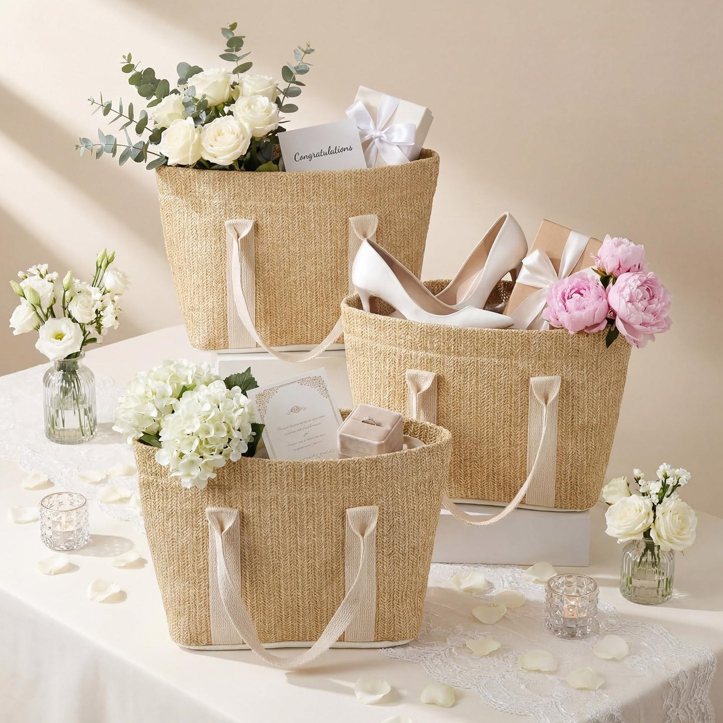 Paterr 6 Pcs Mini Beach Straw Bags for Bachelorette Favors Burlap Tote Bag with Handle for Bridesmaid Bridal Shower Gifts (S,White)