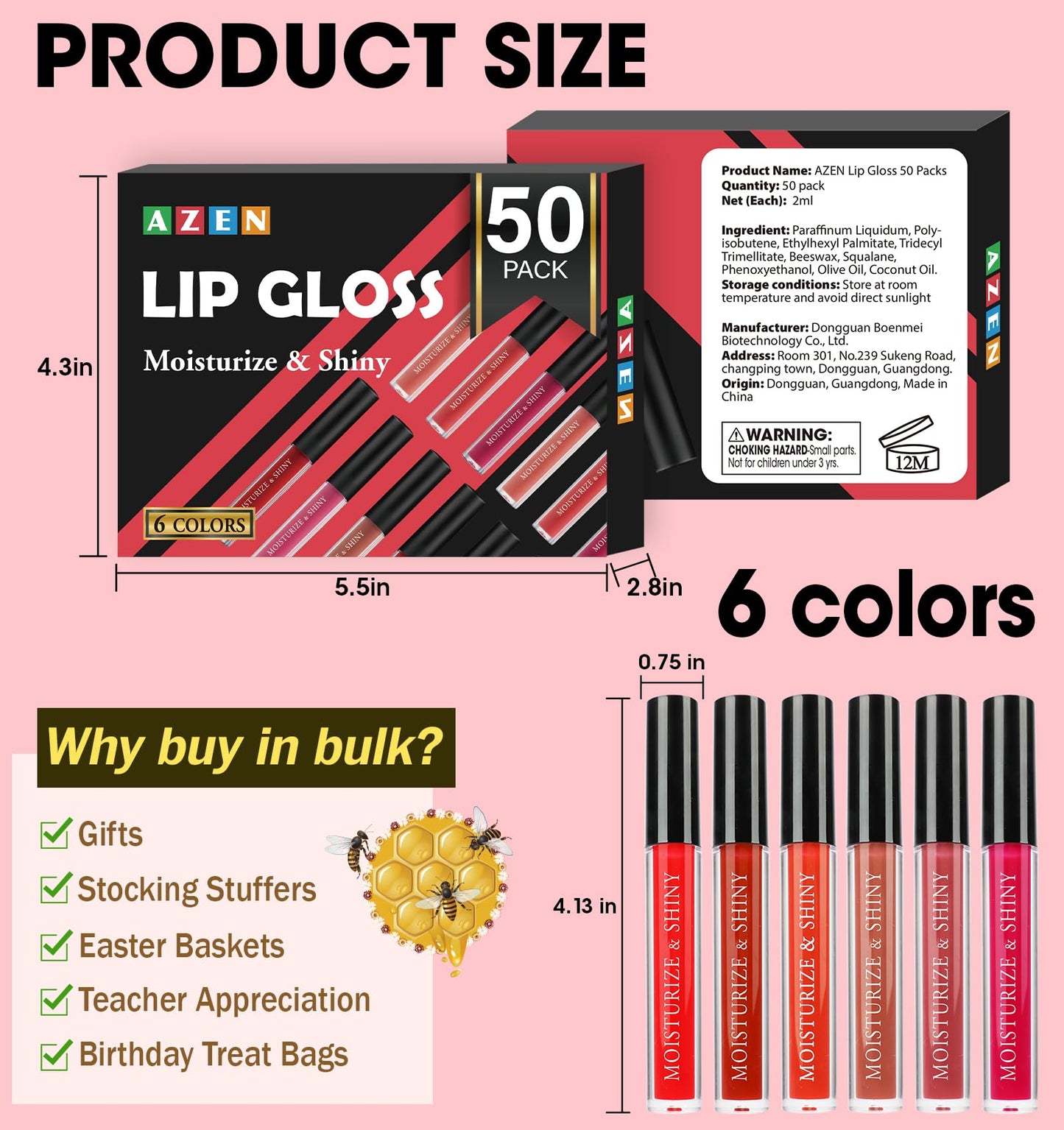 AZEN 50 Pack Lip Gloss Bulk Set, Shimmery Lip Gloss for Women and Girls With Rich Varied Colorsc