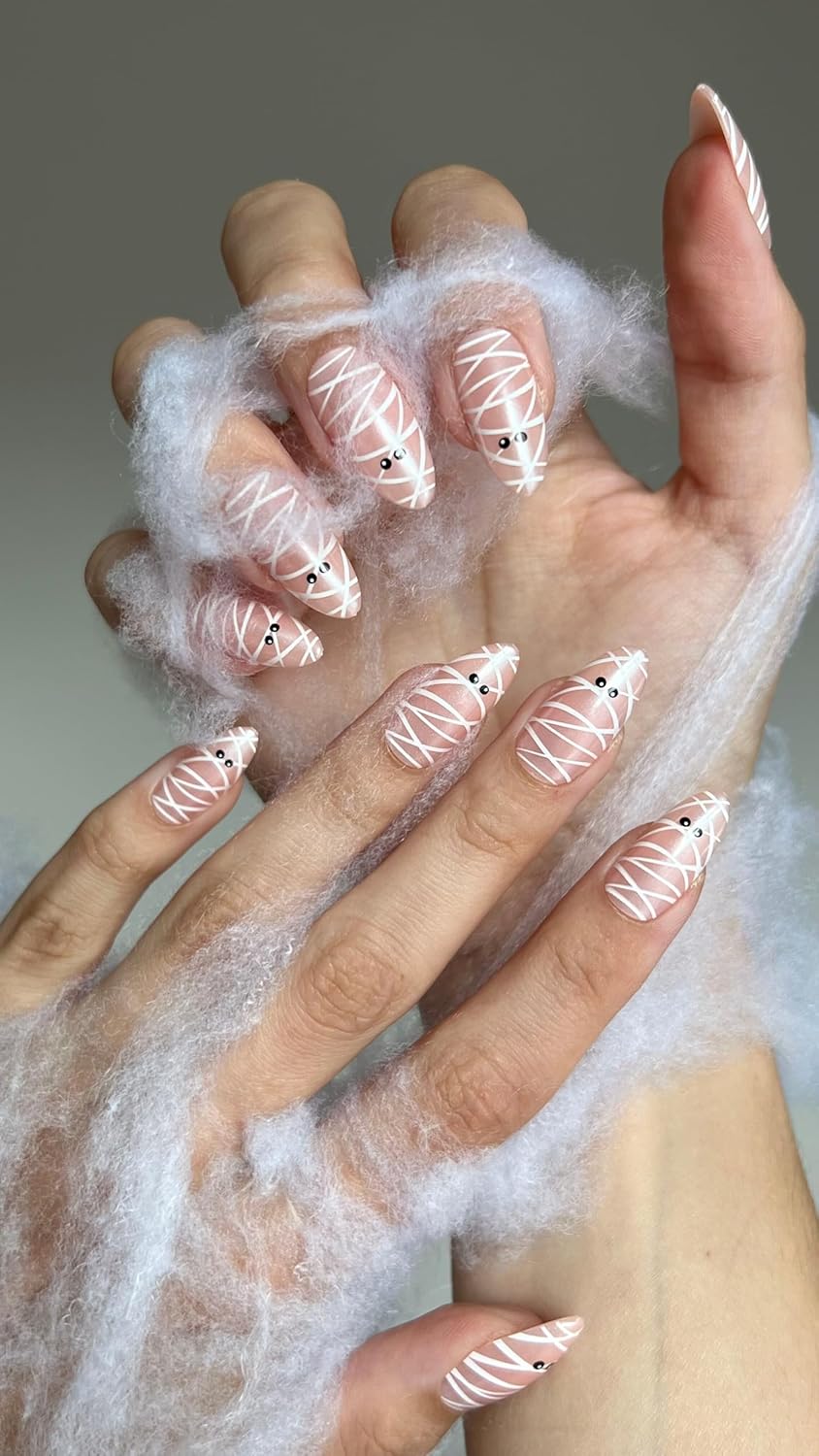 Press On Nails - Mummy Glaze Halloween Almond Fake Nails | 30 Reusable Salon Quality Nails in 15 Sizes with Glue