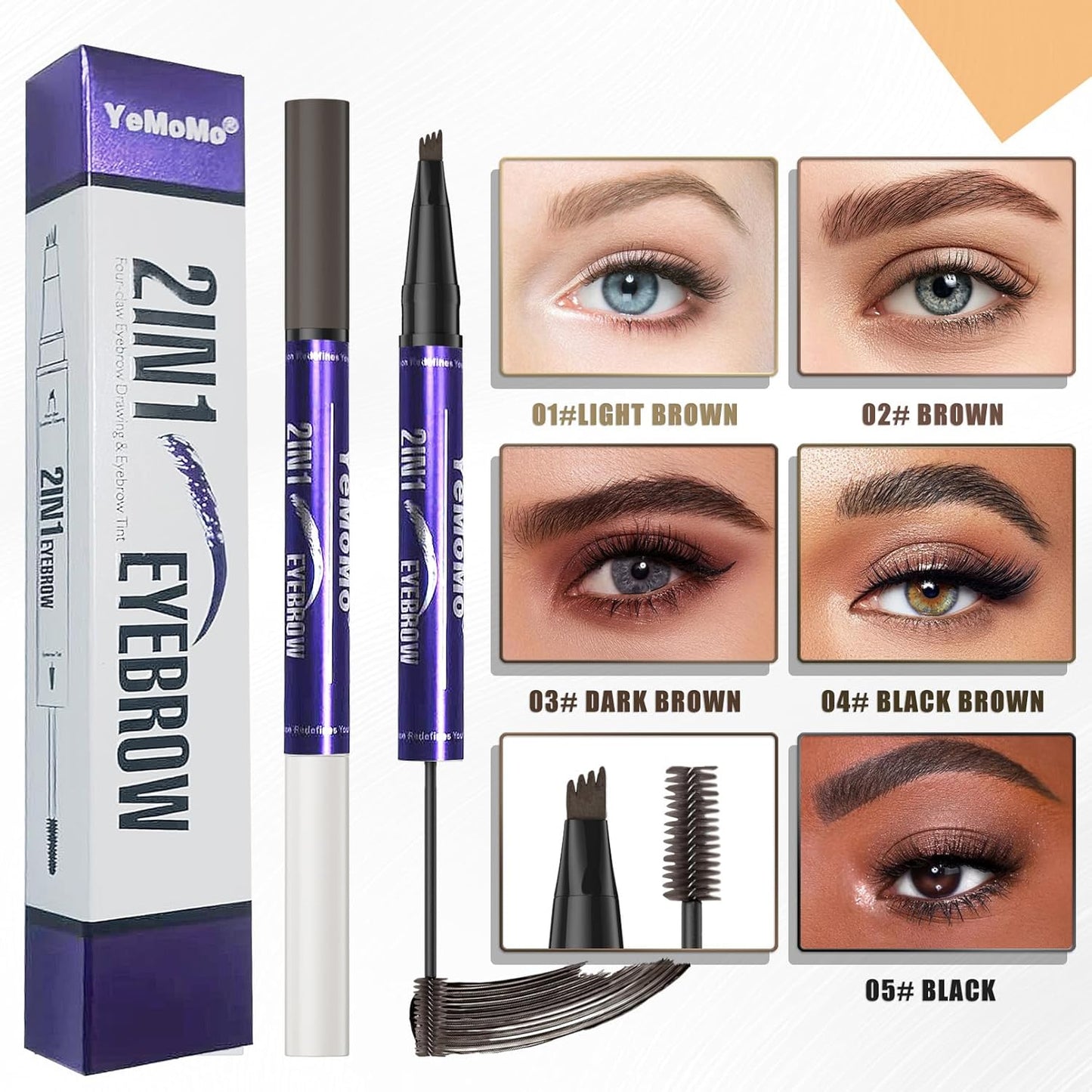 2-in-1 Eyebrow Pen with Tinting Gel - Waterproof Microblading Pencil | 5 Natural Shades, Dark Brown