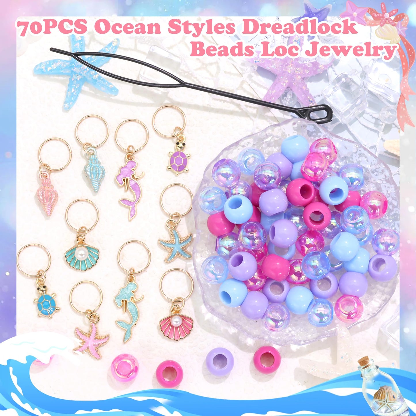 NAISKA 70PCS Pink Blue Beads for Braids Starfish Seashell Hair Charms Colorful Loc Beads Sets Mermaid Hair Jewelry Cute Multi-styles Hair Accessories for Kids Girls
