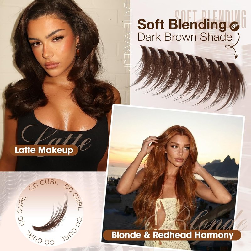 Brown Lash Clusters - Wispy Fluffy Individual Eyelash Extensions | Dark Brown Featherlight Lashes, CC Curl, 270PCS (10-12-14-16MM)
