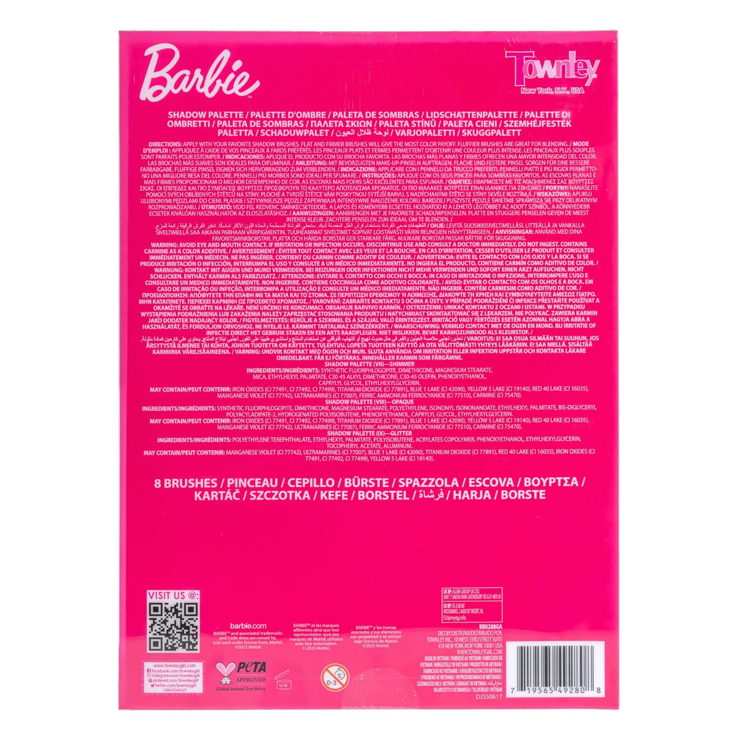 Barbie 35 Well Shadow Palette, Shimmery and Opaque Colors, Pigmented Blendable, 8 Application Brushes Ages 8+, by Townley Girl