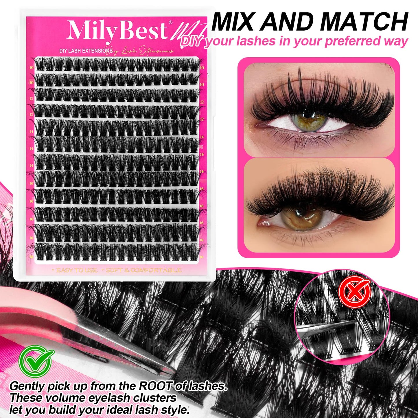 MilyBest Lash Clusters Kit Wispy, 10-18mm Fluffy Volume 80D Individual Eyelash Clusters - Reusable DIY Lash Extension Kit for Beginners, Thick Cluster Eyelash Extensions with Bond and Seal Tweezers